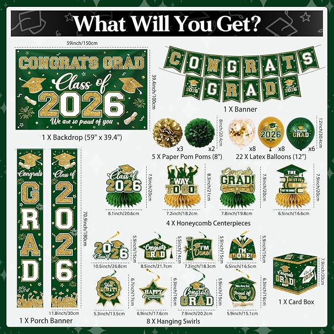 Green and Gold Graduation Decorations 2026 Set, All-in-1 Kit with Congrats Grad Banner Class of 2026 Backdrop Porch Sign Balloons Centerpieces Card Box Pom Poms Streamers for College High School
