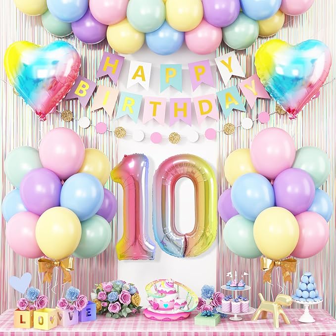 10th Birthday Decorations Rainbow,Gradient Number 10 Balloon,Pastel Happy Birthday Banner Fringe Curtain Heart Foil Balloons Boys Girls 10 Year Old Decor