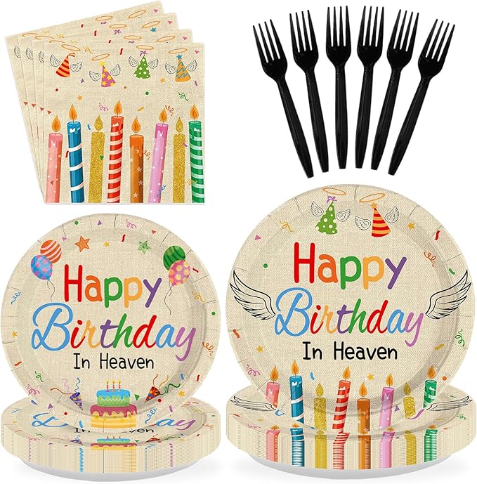 96 Pcs Happy Birthday in Heaven Party Supplies Colorful Happy Birthday Plates and Napkins Disposable Funeral Memorial Tableware Set for Sympathy Grave Cemetery Party Decorations Serves 24