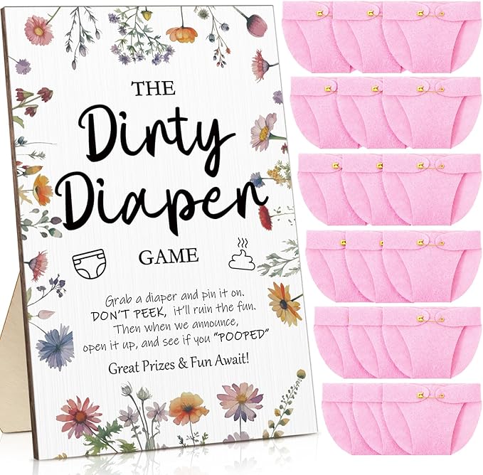 Roowest 51 Pcs Dirty Diaper Baby Shower Games Funny Wooden Sign with 50 Pcs Mini Diapers Cute Felt for Gender Reveal Party Baby Shower (Wildflowers)