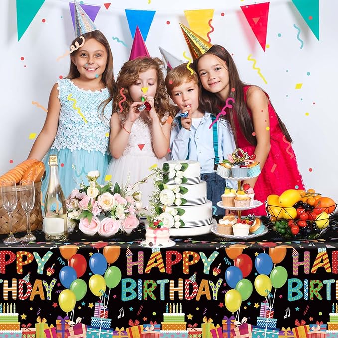 4 Pcs Happy Birthday Tablecloth 54'' x 108'' Disposable Birthday Table Cover Plastic Colorful Balloons for Kid Boy Girl Party Decoration Supplies(Black)