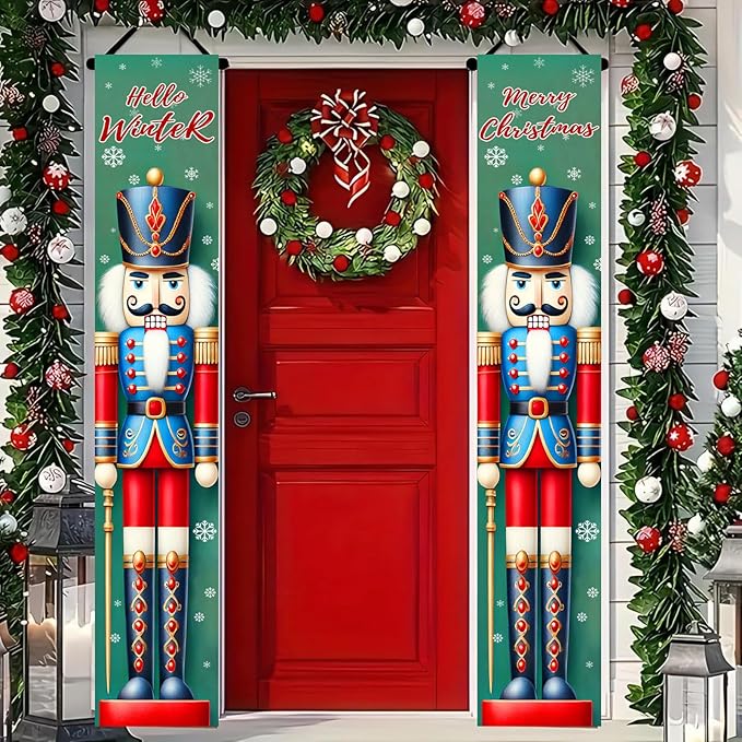 Nutcracker Christmas Porch Banners 12×71 Inch Hello Winter Merry Christmas Door Decorations Red Blue Nutcracker Soldier Banner for Front Door Wall Outdoor Holiday Seasonal Décor