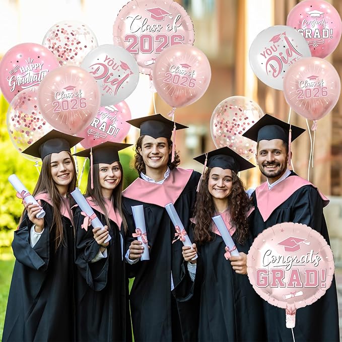 Pink and Rose Gold Graduation Balloons Graduation Decorations 2026, 51Pcs Grad Latex Balloons and Grad Foil Balloon with Confetti Ribbons Grad Party Decorations for College High School