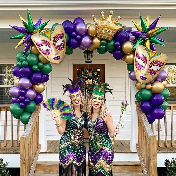 Mardi balloon garland arch kit Purple green gold with star Crown and Crown Mask Balloons for Gorgeous Funny Grand Fat Tuesday Party decorations