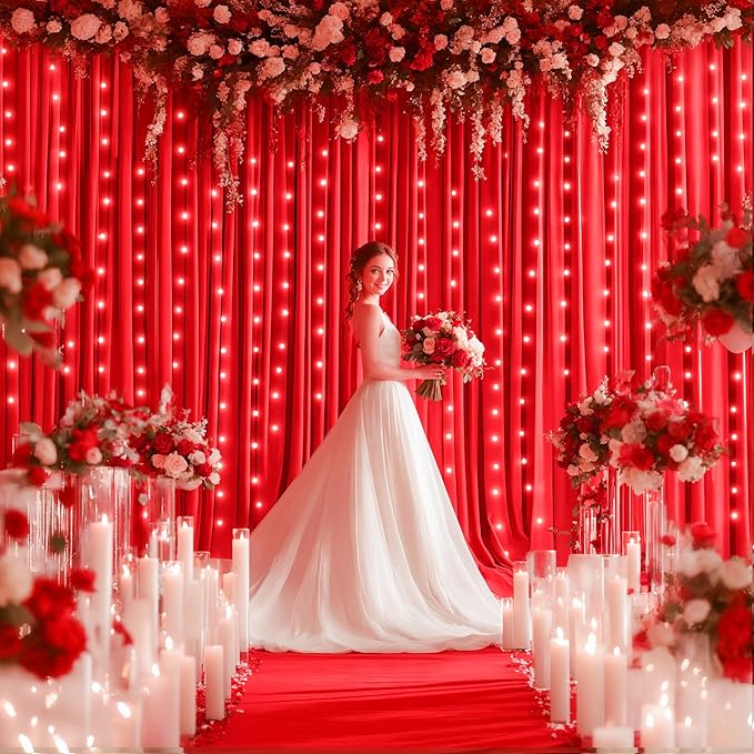 Red Backdrop Curtains with Lights for Parties,10x10FT Wrinkle Free Red Photo Backdrop Curtains for Wedding Baby Shower Birthday Ceremony Reception New Year Decorations-5ft x 10ft,2 Panels