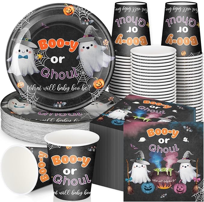 Hushee 200 Pcs Halloween Baby Shower Paper Plates Cups Napkins Party Supplies Halloween Booy or Ghoul Gender Reveal Party Decoration Disposable Tableware Set
