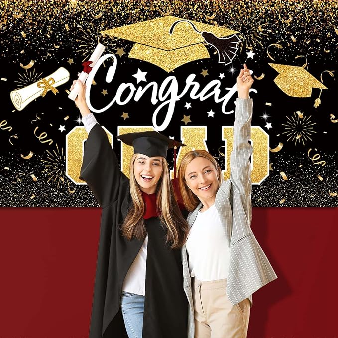 Graduation Party Decorations - Black Gold Congrats Grad Class of 2026 Backdrop Banner Large Sign Wall Decorations Photography Background Party Supplies for 2026 Graduation Party Decorations