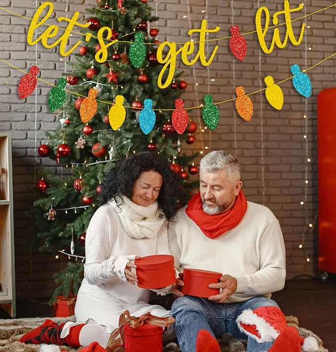 JOZON Gold Glittery Let's Get Lit Banner and and Colorful Glittery Christmas Lightbulb Themed Banner Christmas Garland Signs Christmas Holiday Party Supplies for Mantle Fireplace Wall