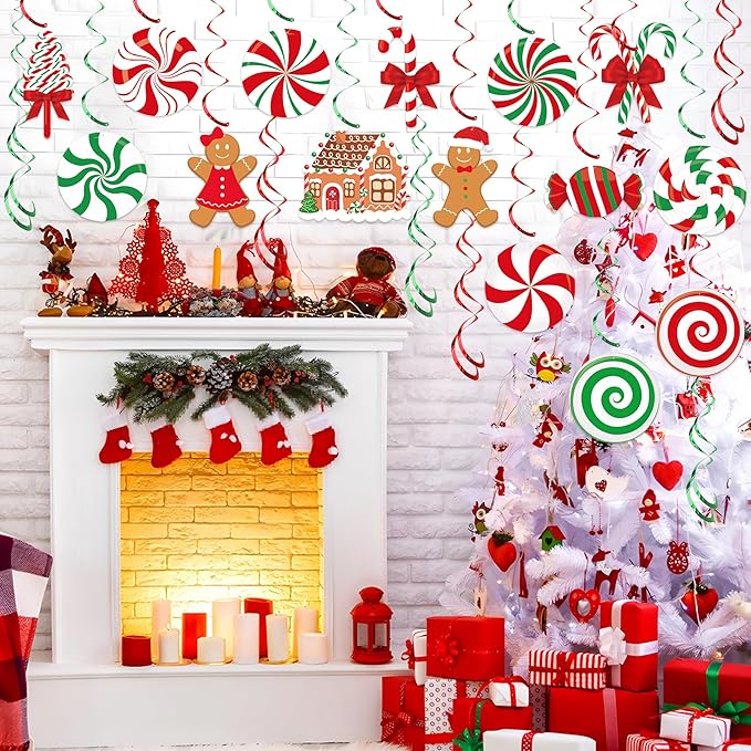 36 PCS Christmas Hanging Swirls Decorations Pre-Strung Candy Gingerbread Man Hanging Streamers Christmas Red Green Candies Gingerbread House Ceiling Swirl Streamer for Xmas Holiday Party Home Decor
