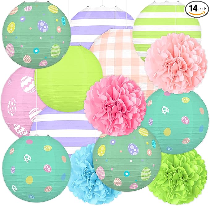 14pcs Easter Party Hanging Decorations – Vintage Paper Lanterns and Pom Poms Set for Classroom, Birthday Supplies, Egg Hunt, Indoor Home Spring Decor