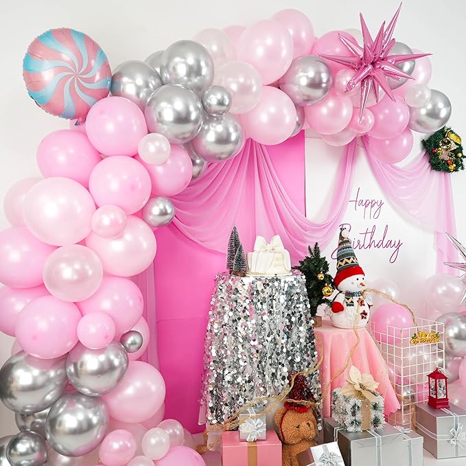 Christmas Balloon Arch Kit, Pink and White Silver Balloons Garland Arch with Double Pearl White Pink Balloons, Candy Cane Windmill Star foil Balloon for Christmas New Year Winter Decorations