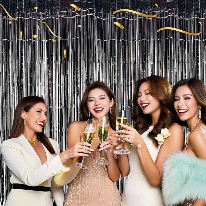 3 Pack Foil Curtain Backdrop 3.3x6.6 ft Tinsel Fringe Curtains for Parties Metallic Streamers Photo Booth Props,Wedding & Birthday,Holiday Decorations Disco,Bachelorette,Door Hanging Decor (Black)