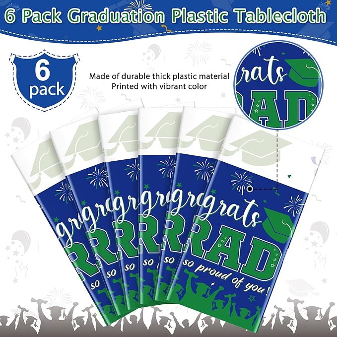 6 Pack Graduation Tablecloth Party Decorations, Class of 2026 Congrats Grad Plastic Tablecover Party Supplies, Blue and Green Rectangle Graduation Table Decor for College High School Party, 54x108Inch