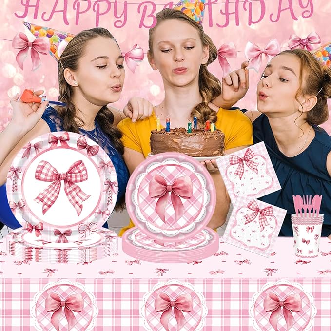194PCS Pink Bow Plates Birthday Decorations for 24 Guests – GalaHub Coquette Party Supplies with Bow Cups, Cutlery, Tablecloth & Banner – Bow-Themed Party Decor for Girls & Women