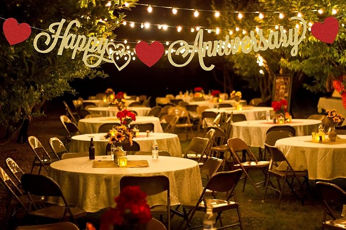 Pre-Strung Happy Anniversary Banner - Gold Glitter Decorations, Perfect for Wedding & Work Anniversary Parties, Photo Booth Props
