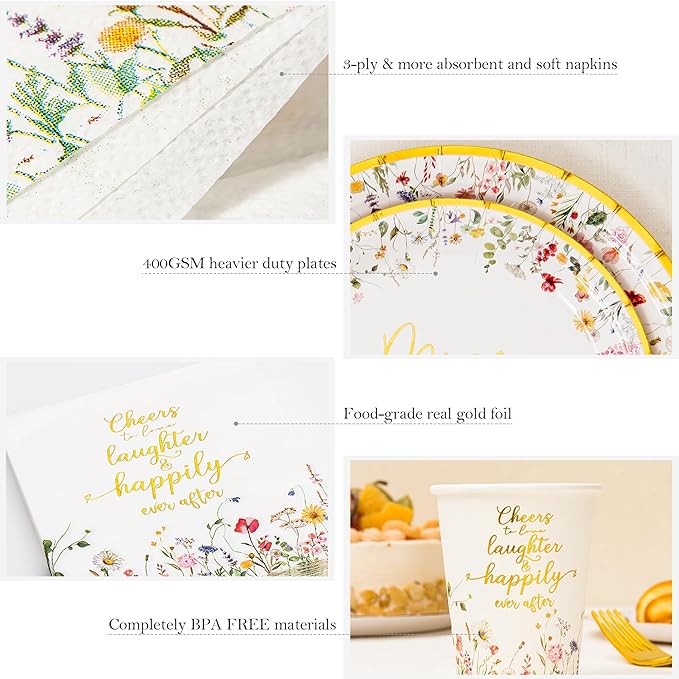 Crisky Bridal Shower Plates and Napkins Gold Cheers to Love Disposable Tableware Set of 24 for Engagement Bridal Shower Wedding Party Decorations (Plates, Napkin, Cups, Tablecloth, Knife & Fork)