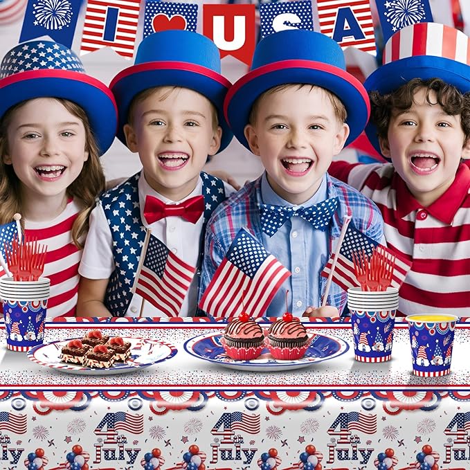122 PCS 4th of July Plates and Napkins Sets, Independence Day Party Supplies Include Patriotic Plates and Napkins,Cups,Forks,Banner and Tablecloth for Patriotic 4th of July Party Decorations, Serve 24