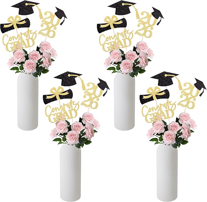Graduation Decoration Class of 2026 Centerpieces for Table, 2026 Party Centerpieces Grad Cap Sticks Party Supplies, Graduation Party Decoration Toppeers (16 PCS, Gold & Black, Set of 4)
