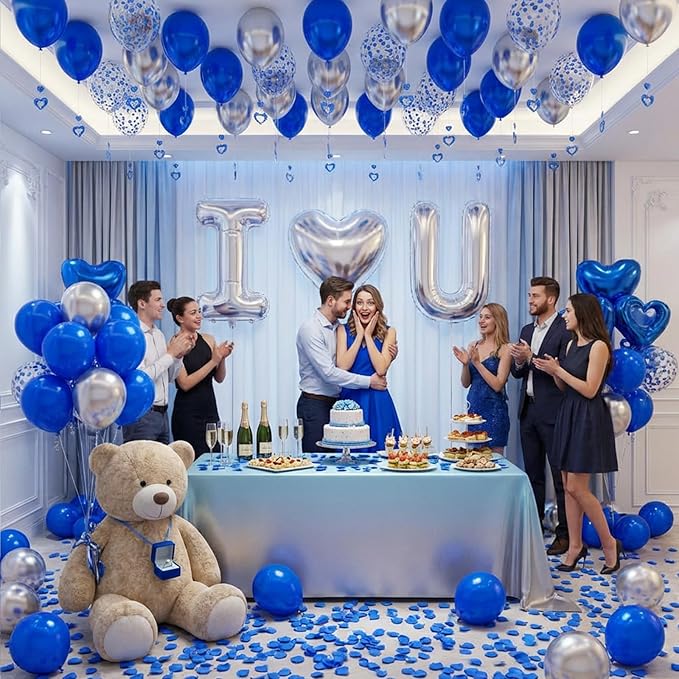 Bonropin I Love You for Him/Her Balloons Royal Blue and Sliver balloon kit with 24/18in Heart Shaped Foil Balloons and 400pcs Blue Artificial Rose Petals for Valentines Party Romantic Decoration