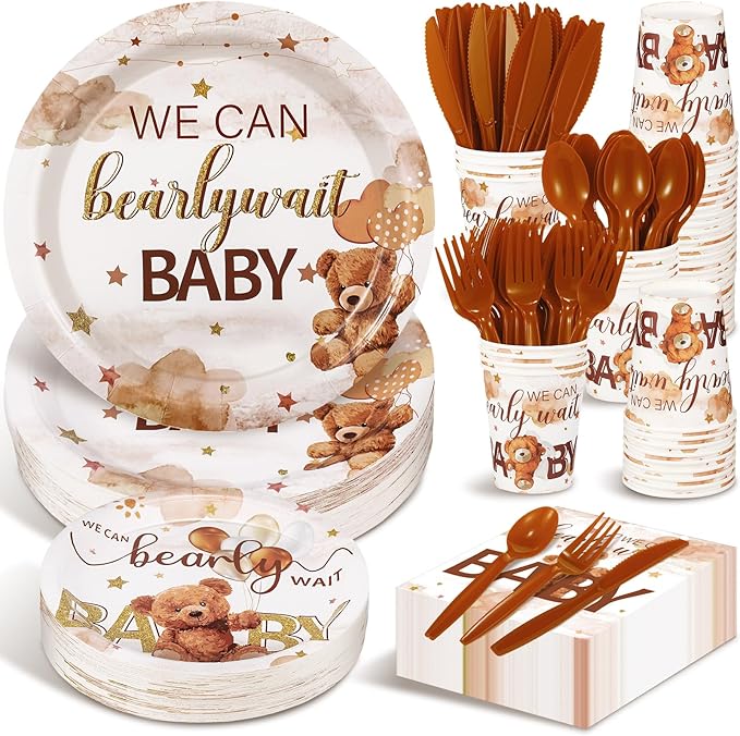 Dandat 350 Pcs Baby Shower Party Supplies Serves 50 Tableware Sets Include Plates Napkin Cup Forks Knives Spoons Disposable Dinnerware(Bear,Brown)