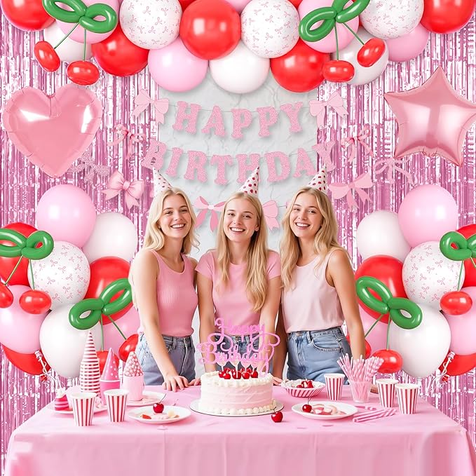 Cherry Birthday Decorations for Girl, Pink White Red Bows Balloons with 'HAPPY BIRTHDAY' Banner Fringe Curtains Heart Foil Balloons Cake Topper for Women Girls Birthday Party Decor