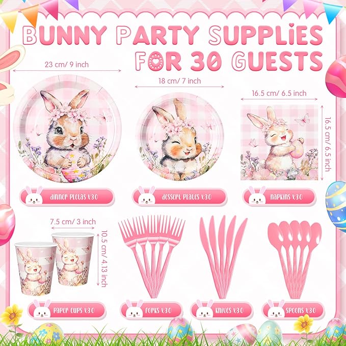 Honeydak 210 Pcs Pink Bunny Party Supplies for 30 Guests, Includes Spring Rabbit Plates, Cups, Napkins, Cutlery - Cute Pink Bunny Tableware Decoration for Baby Shower Easter Party