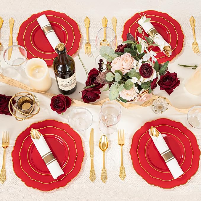 Liacere 350PCS Red Plastic Plates - Red Disposable Plates With Gold Rim - 50Guest Baroque Plastic Dinnerware include 100Plates-50Pack Pre Rolled Napkins with Silverware 50Cups for party & Mothers Day