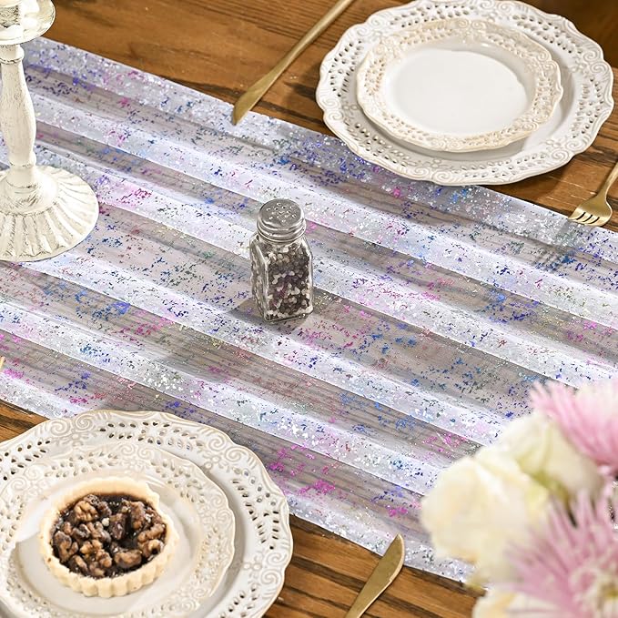 Artoid Mode 3PCS Colorful Gold Gauze Table Runner 120 Inch 10FT, Glitter Metallic Foil Sheer Dining Wedding Anniversary Holiday Birthday Table Decor for Home Party