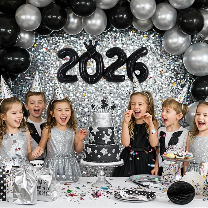 TONIFUL 2026 Black Crown Foil Number Balloons 16 Inch Black Number Banner 2026 Graduation Aluminum Foil Mylar Balloons for New Year Eve Christmas Anniversary Party Supplies