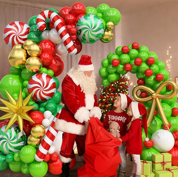 Christmas Balloon Arch Garland Kit, 141Pcs Red and Green White Xmas Balloon with Candy Cane Gold Explosion Star Foil Balloons for Merry Christmas Holiday Woodland Winter New Year Party Decorations