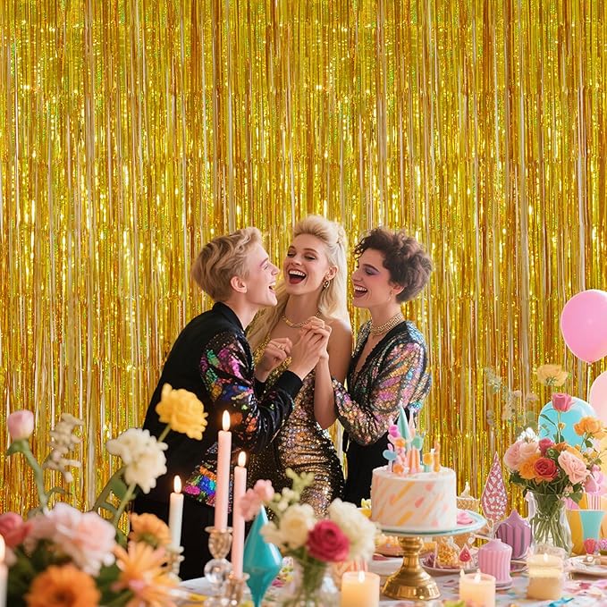 Shimmering Gold Foil Fringe Curtains - 3.28 x 6.56ft Metallic Streamers Tinsel Photo Booth Backdrop Curtain for Birthday Party, Wedding & Photography Background Photo Booth Decoration