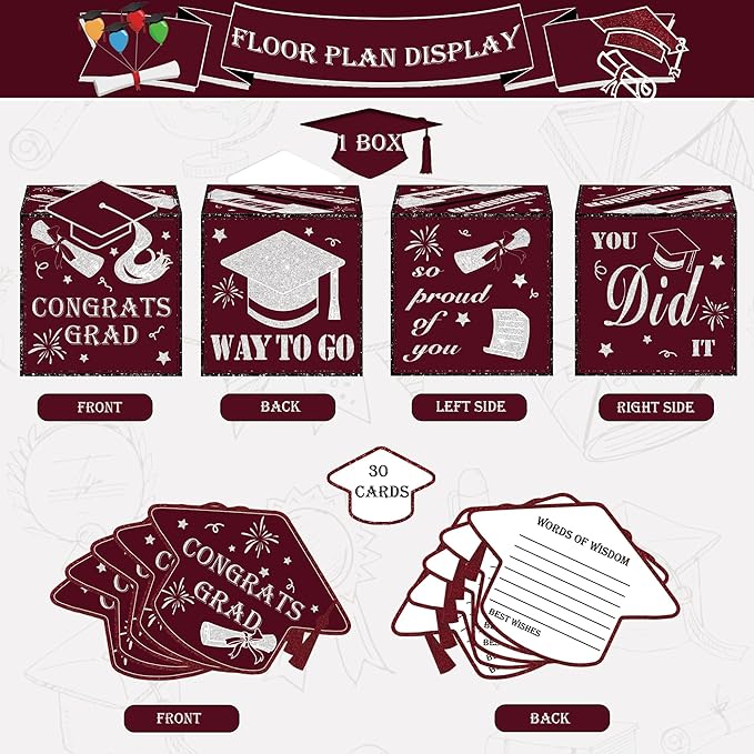 AYGXU Graduation cards 2026 with Graduation Card Box Holder,Congrats Grad Foldable Cardboard Decorations Box for Graduation party,graduation money box,School College Graduation Party-maroon box.