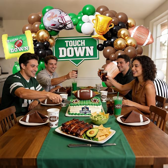 Football Balloon Arch Kit,135Pcs Green Brown Black Balloon Garland with Football,Helmet,Field Goal Post,Trophy Foil Balloons for Sports Rugby Birthday Big Game Touch Down Tailgate Party Decoration