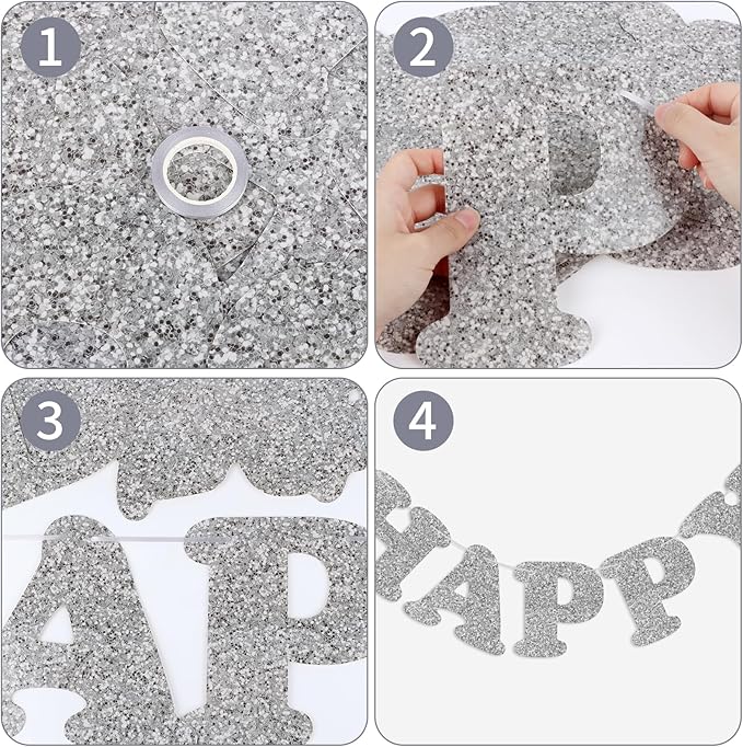 Glitter Silver Happy Birthday Banner Birthday Party Decorations Sign Garland Bunting Banner for Wall Decor Party Background for Kids Boys Girls Adults