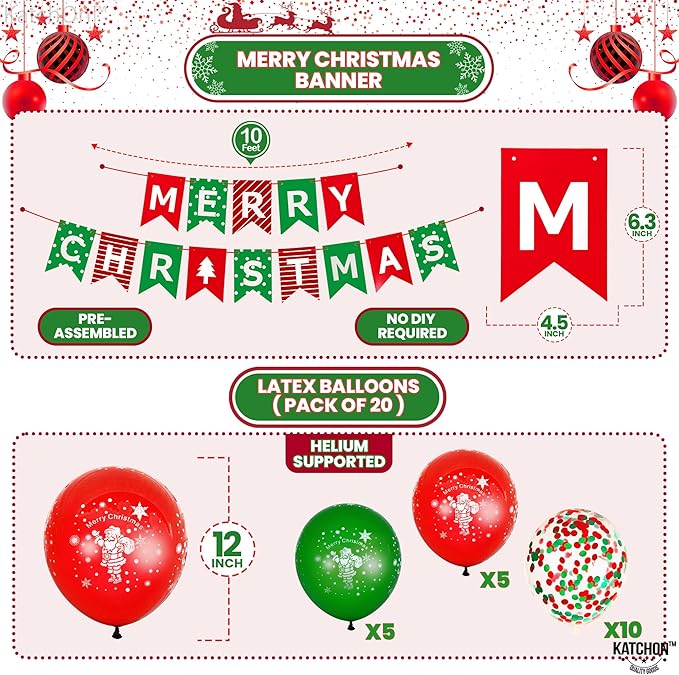 KatchOn, Merry Christmas Decorations Indoor - Huge, Pack of 25 | Merry Christmas Banner, Santa Balloon, Star Balloons for Holiday Decorations | Xmas Balloons for Xmas Decoration
