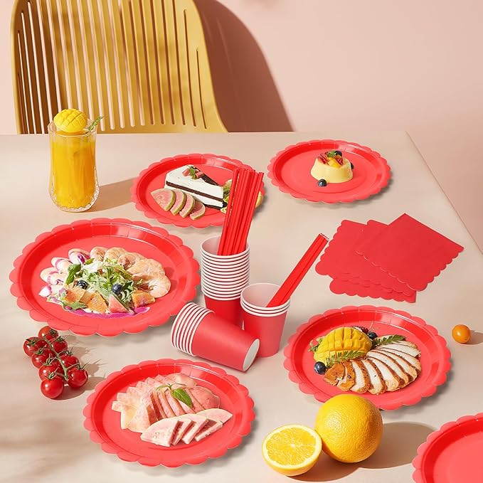 168PCS Party Plates, Scalloped Gingham Paper Plates and Cups and Napkins Sets Party Supplies for Birthday Wedding Bridal Shower Baby Shower Picnic, Serve for 24 Guests (Red Scalloped)
