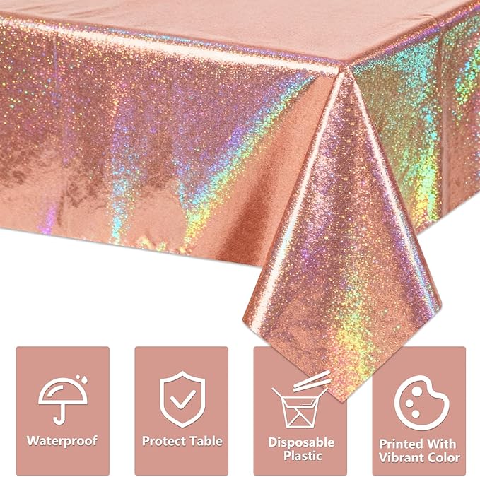 4Pcs Rose Gold Holographic Tablecloths Rectangular Pink Iridescent Tablecloth Shimmer Metallic Table Covers for Girls Women Rose Gold Birthday Decorations, 54 x 108Inch