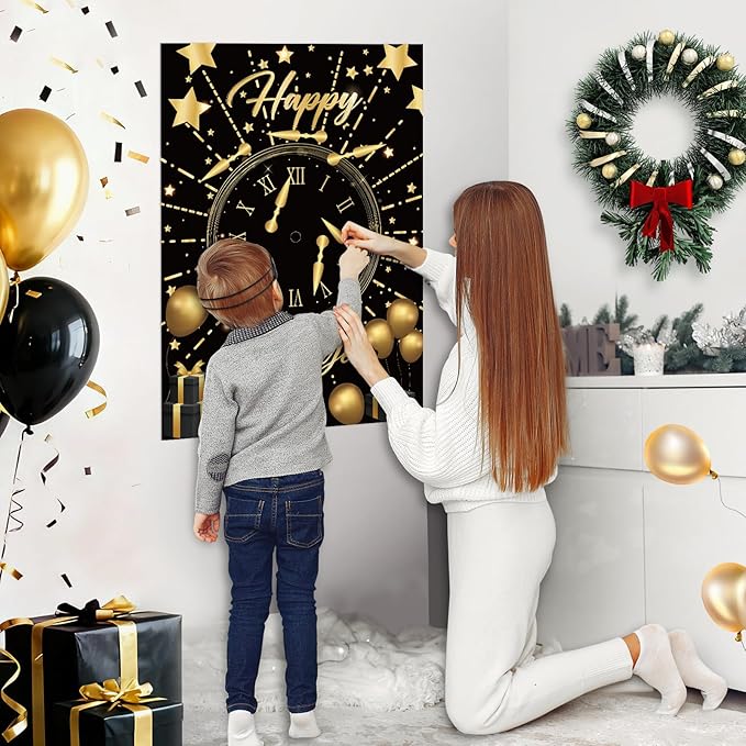 Hooqict New Years Party Games for Kids Family 2026 Pin The New Year’s Eve Games Countdown Clock Holiday Party Activities Supplies, Large Pin The Games Poster with 32 Stickers