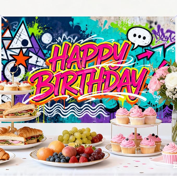 Neon Graffiti Art Happy Birthday Banner, Large Street Art Backdrop for Teen Adult Party Decor