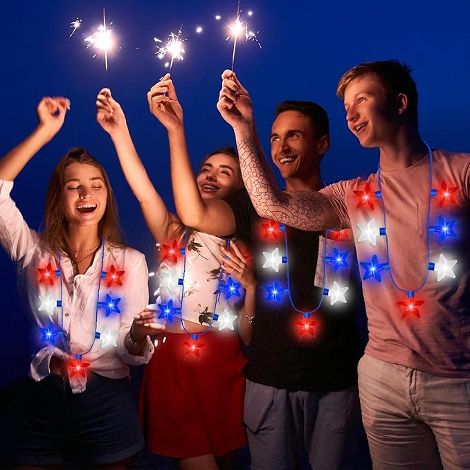8PCS 4th of July Necklaces, Fourth of July Light up Necklace Accessories, Patriotic Red White Blue Independence Day 7 Bulb Bulk, Glow Accessories for Memorial Day Veterans Day Patriotic Party Parades