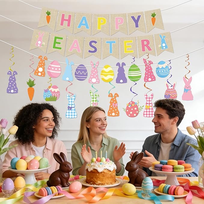 Happy Easter Banner Decorations - 13 Pcs Colorful Pre-strung Bunny Egg Banners Garland Hanging Swirls Set Spring Party Supplies Favors for Home Office Inside Fireplace Wall Ceiling Decor