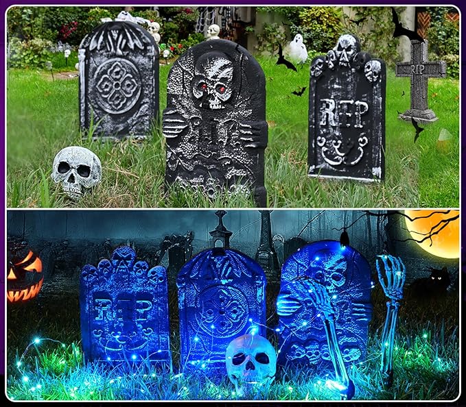 3 Pcs Halloween Tombstones Decoration with Green Lights, Blue Lights, Plastic RIP Grave Yard Signs Outdoor Garden Party Decor