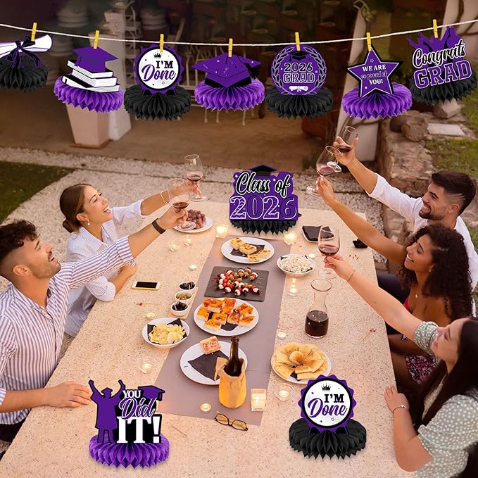 Yisong 9 Pieces 2026 Graduation Party Table Decorations Class of 2026 Congrats Graduation Centerpieces for Tables Congratulate Honeycomb Centerpiece Topper for Grad Party Supplies (Purple)