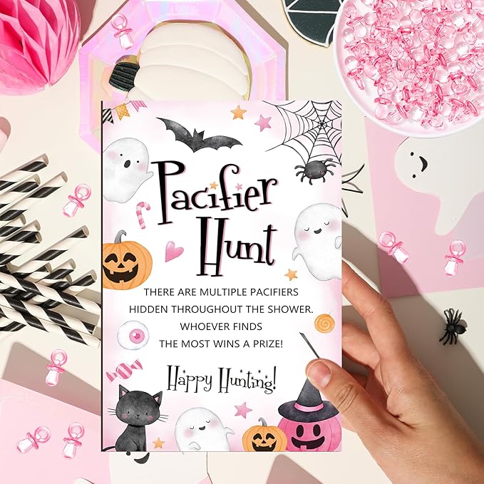Whaline 51 Pcs Halloween Pacifier Hunt Baby Shower Game Include Wooden Sign 50 Pink Plastic Pacifier for Gender Reveal Party Favor Gift Supplies