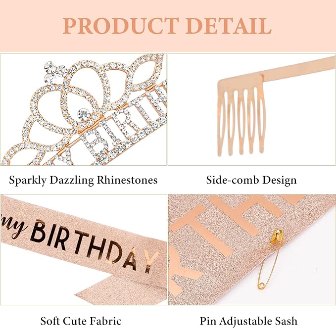 CAVETEE Birthday Crowns for Women - Its My Birthday Sash and Crown Set for Adult Women - Rose Gold