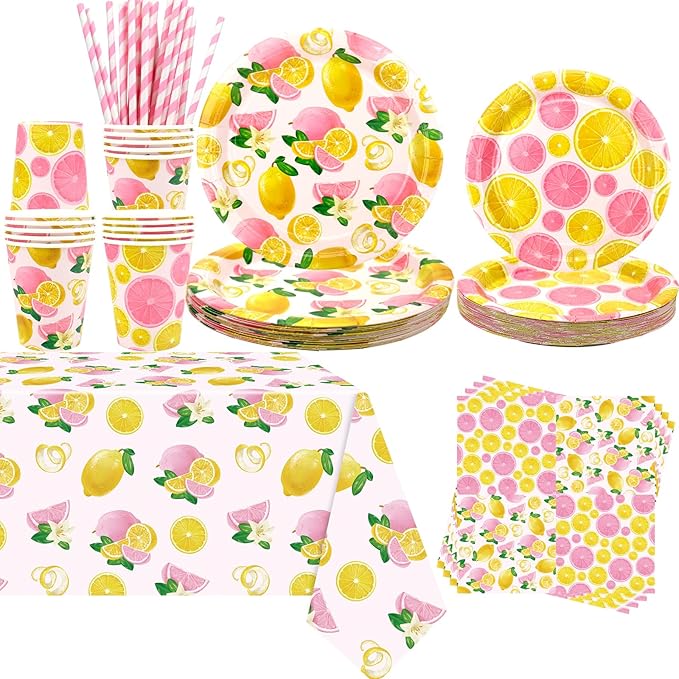 Pink Lemon Party Decoration - Lemon Birthday Party Tableware Supplies Includes Plates, Cups, Napkins, Tablecloth, Straws (20)