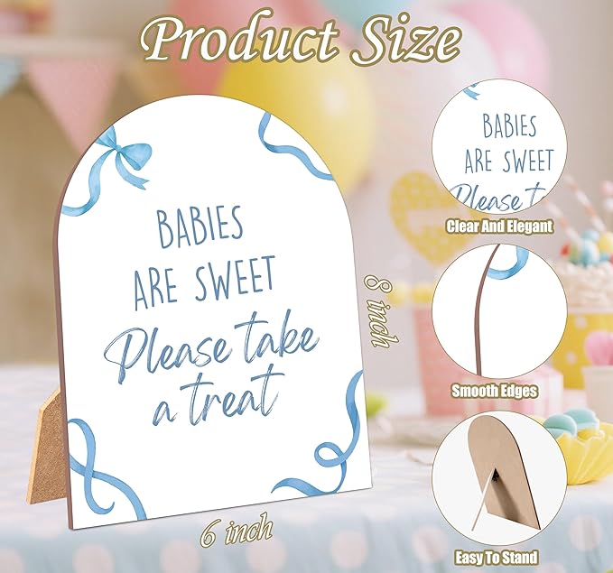 Blue Bow Babies Are Sweet Please Take a Treat Sign for Baby Shower, 6x8 Inch Arch Wooden Sign with Stand, Blue Baby Shower Table Sign, Gender Neutral Party Decoration - QW08