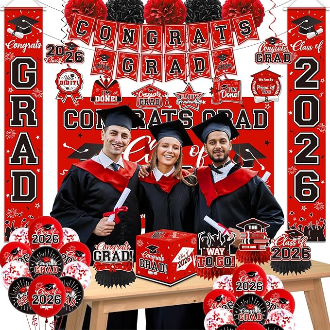 Graduation Decorations 2026 Red Party Decor Set with Congrats Grad Banner, Class of 2026 Backdrop, Balloons, Box & Streamers Supplies for High School & College Celebrations