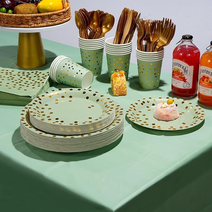 350pcs Sage Green Paper Plates and Napkins Set, Disposable Sage Green and Gold Polka Dot Party Plates Cups For Baby Shower Birthday Wedding Party Supplies and Decorations, Serve 50