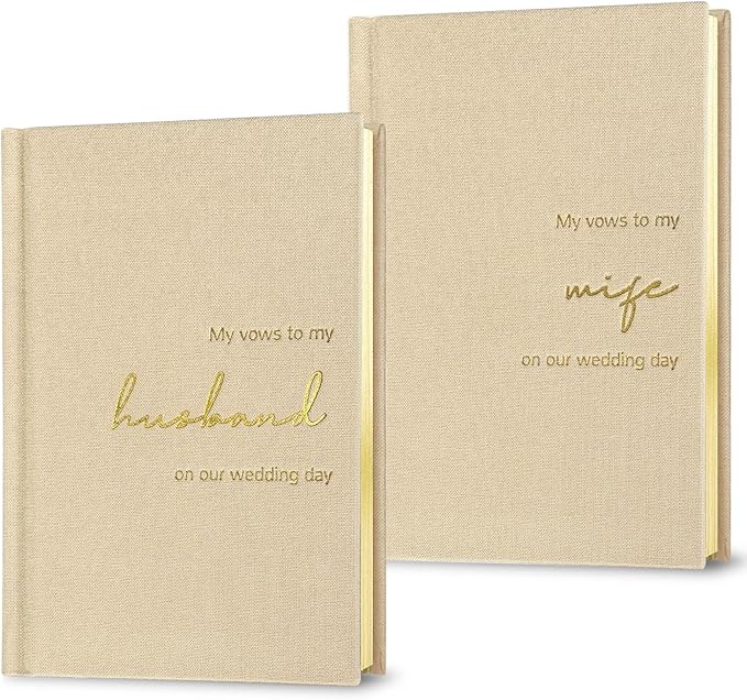 Wedding Vow Books His and Hers-Canvas Linen Foil Embossed, Set of 2 Vow Books Husband and Wife-Wedding Essentials（Beige + Beige）